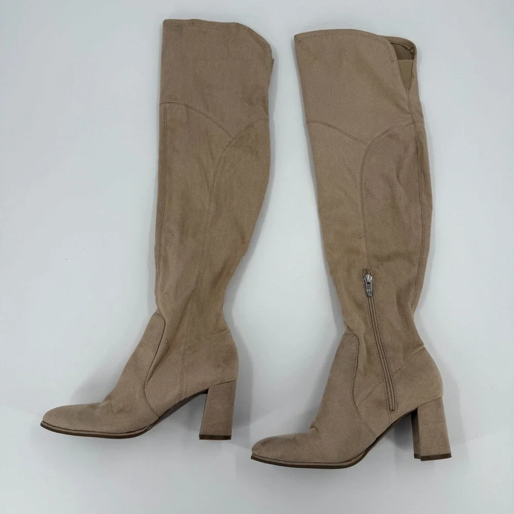 Marc Fisher Luley Over-The-Knee Boots Womens Size 7.5M Taupe Block Heel Side Zip